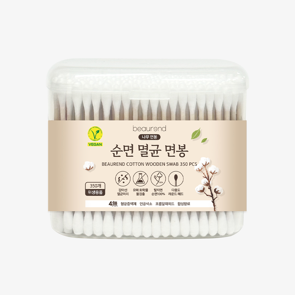 뷰렌드 비건 순면 멸균 나무 면봉 350개입 X 3개 (면봉 케이스 포함)