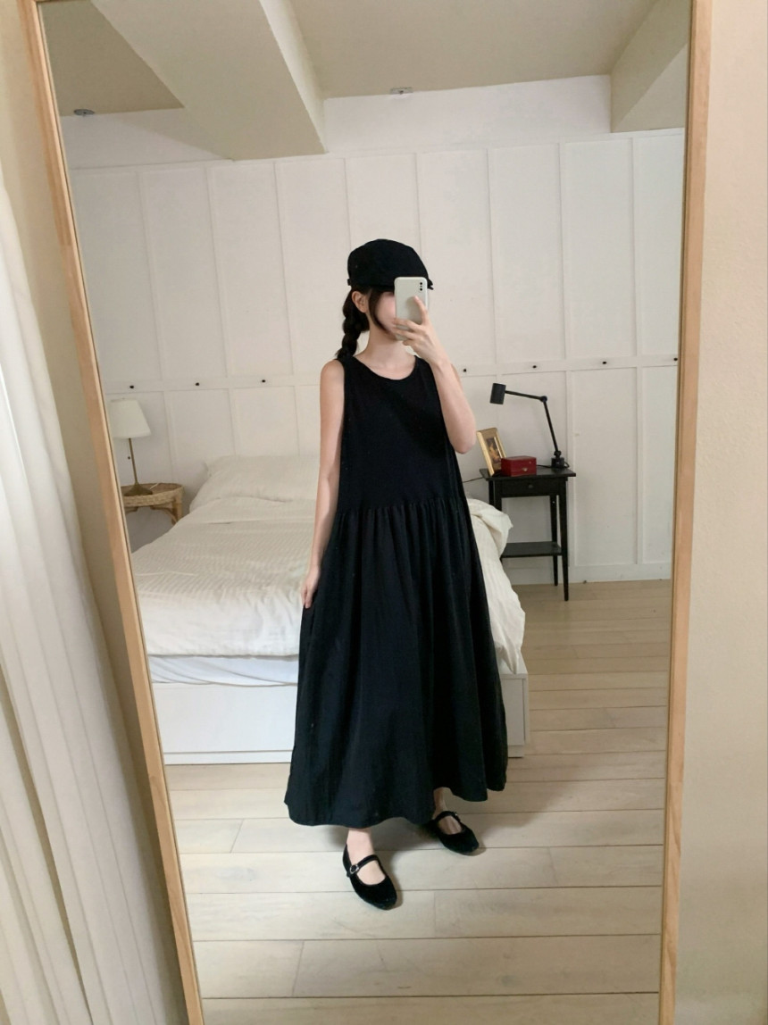 레이어드원피스 빅사이즈 여성 나시 A라인 플레어 롱원피스