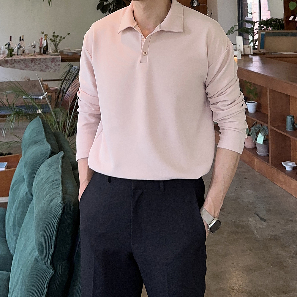 무지 헨리넥 카라 티셔츠 오버핏 봄 가을 남자 긴팔티 - 상품 이미지