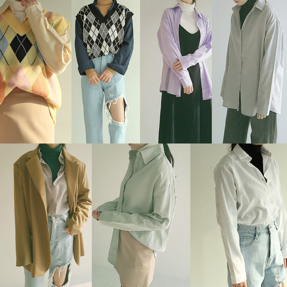 오버핏 여성 면 레이어드 카라 셔츠 봄 가을 루즈핏 남방 소라색 화이트 - 상세 이미지 4