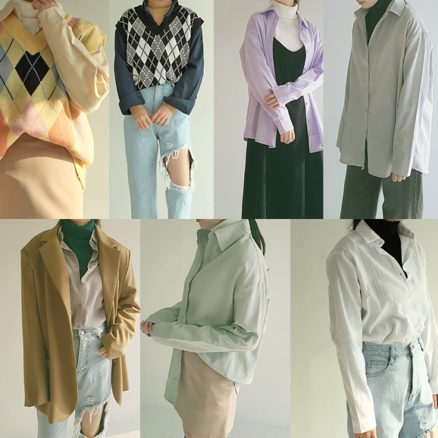 오버핏 여성 면 레이어드 카라 셔츠 봄 가을 루즈핏 남방 소라색 화이트