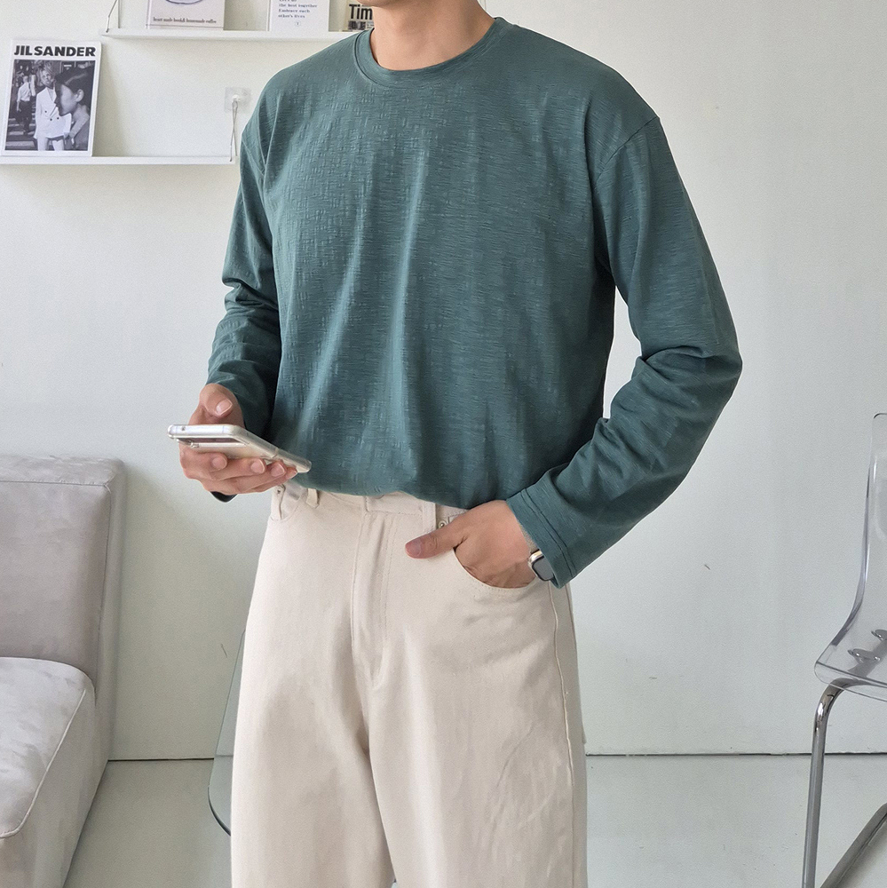 슬라브 무지 티셔츠 오버핏 이너 레이어드 흰티 남자 긴팔티 - 상세 이미지 3