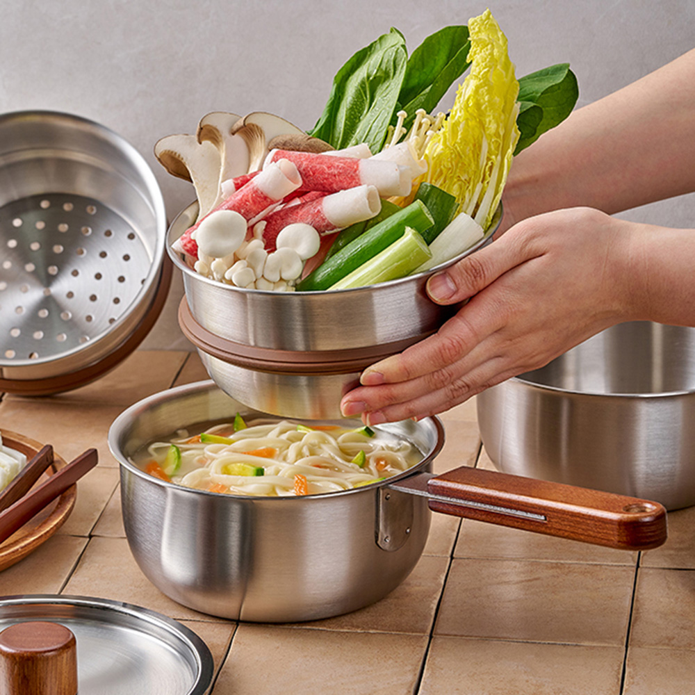 에비히슈테른 레카 미니 찜기 냄비 세트 우드핸들 국산 통삼중 인덕션 양수 편수