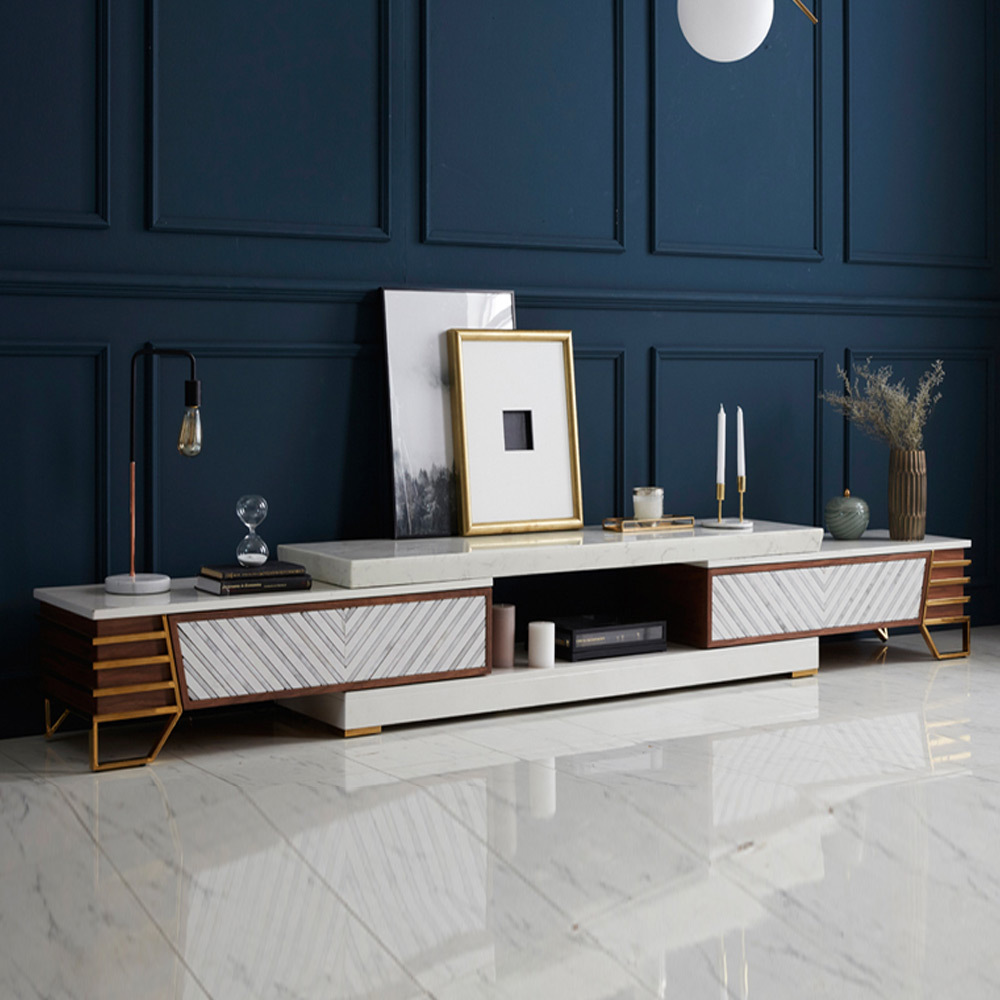 i374 천연대리석 원목 슬라이드 거실장