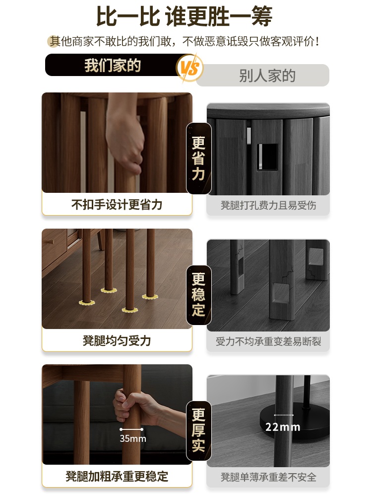 등받이없는의자 스툴 화장대 촬영소품 카페 가정용 나무 호두색 - 상세 이미지 2