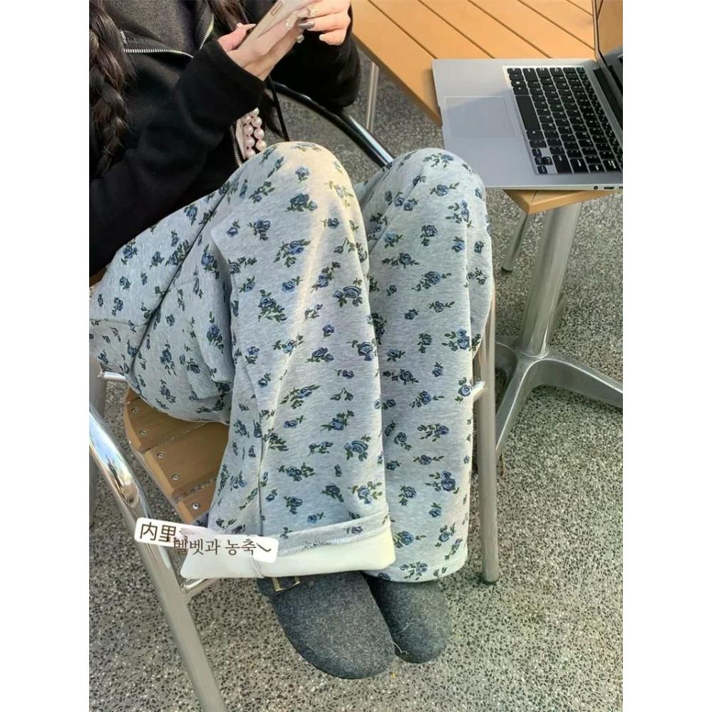 캐주얼 루즈핏 벨 보텀스 플라워 프린트 드로스트링 팬츠 여성용 와이드 레그 세련되고 편안한 그레이 XL - 메인 이미지