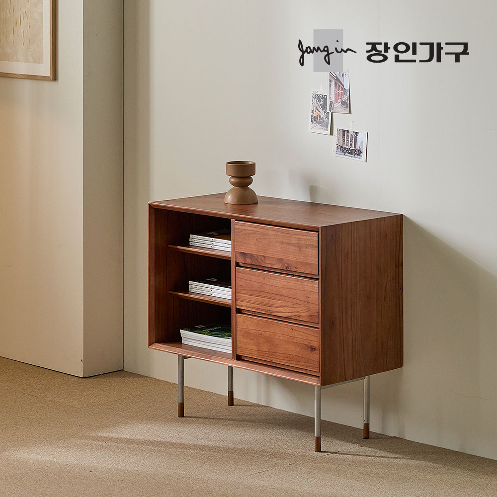 장인가구 노마딕 원목 오픈 선반형 3단 서랍 수납장 800