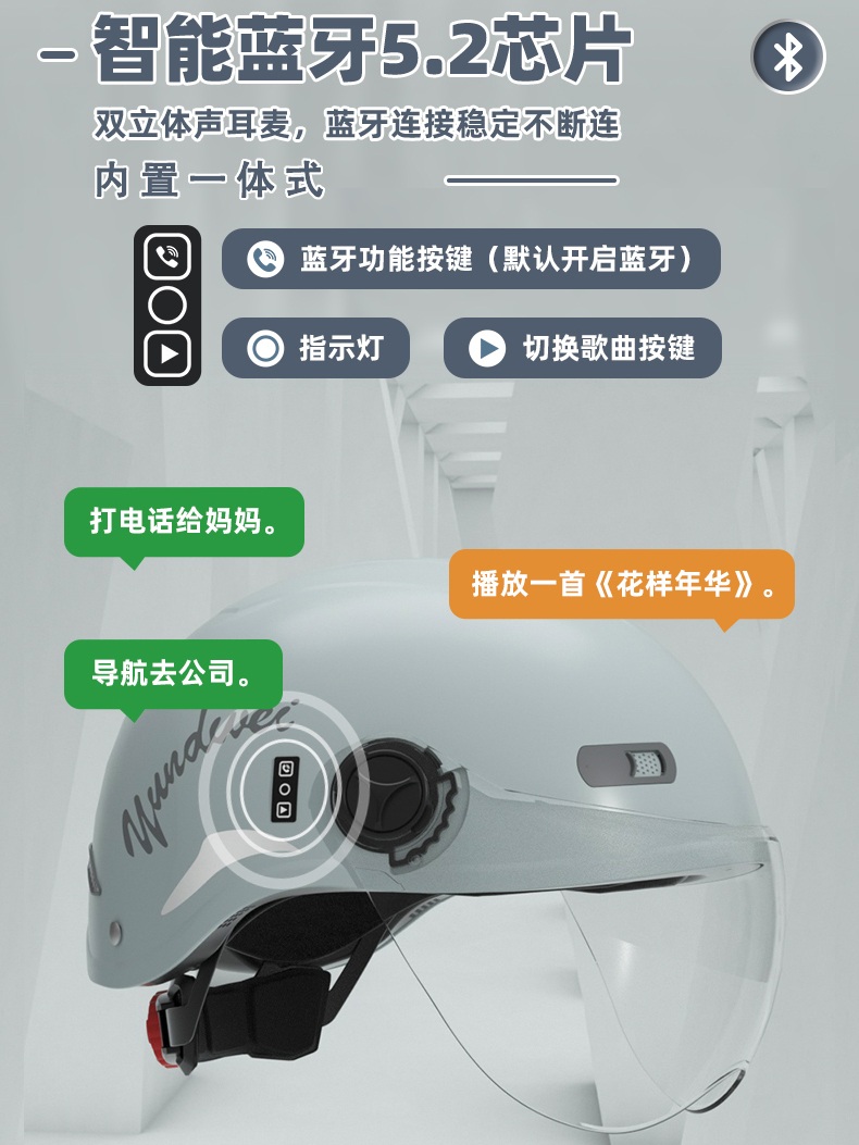 블루투스 헬멧 스마트 음악 경량 스쿠터 오토바이 하이바 블루투스+후미등 크리스탈 제이드 옐로우 S - 상세 이미지 2