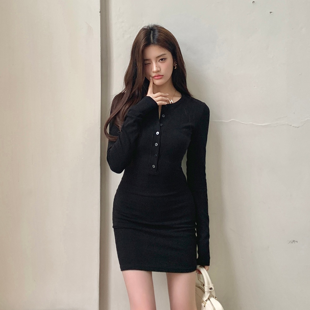 가을 단추 포인트 긴팔 슬림핏 블랙 미니원피스 - 상품 이미지