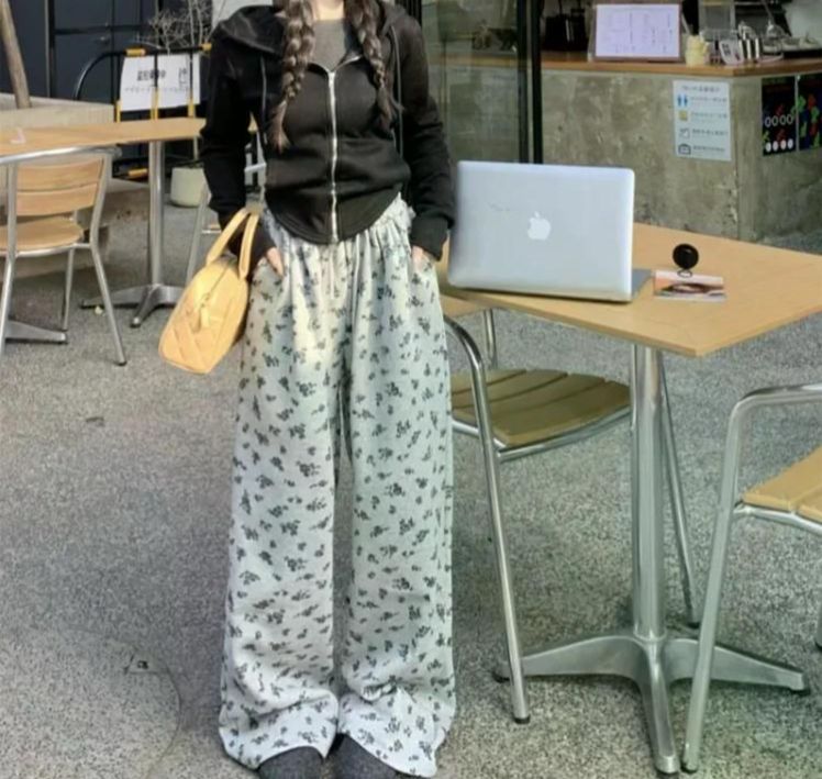 캐주얼 루즈핏 벨 보텀스 플라워 프린트 드로스트링 팬츠 여성용 와이드 레그 세련되고 편안한 그레이 XL - 상세 이미지 2