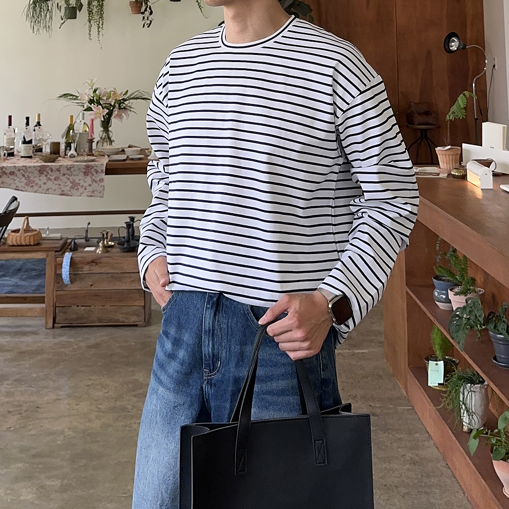 남자 긴팔티 오버핏 스트라이프 단가라 분또 티셔츠 - 상세 이미지 3