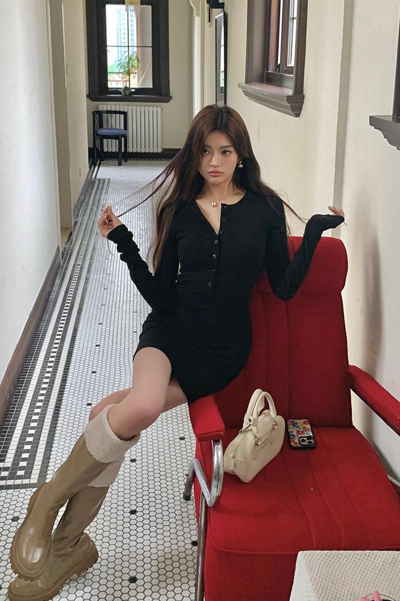 가을  단추 포인트 긴팔 슬림핏 블랙 미니원피스 이미지 6