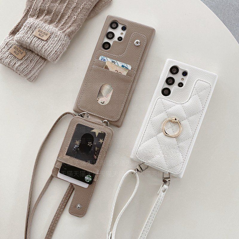 갤럭시 S24 링 케이스 카드 지갑 그립 크로스 스트랩 화이트 가죽 삼성 갤럭시 S24 - 상품 이미지