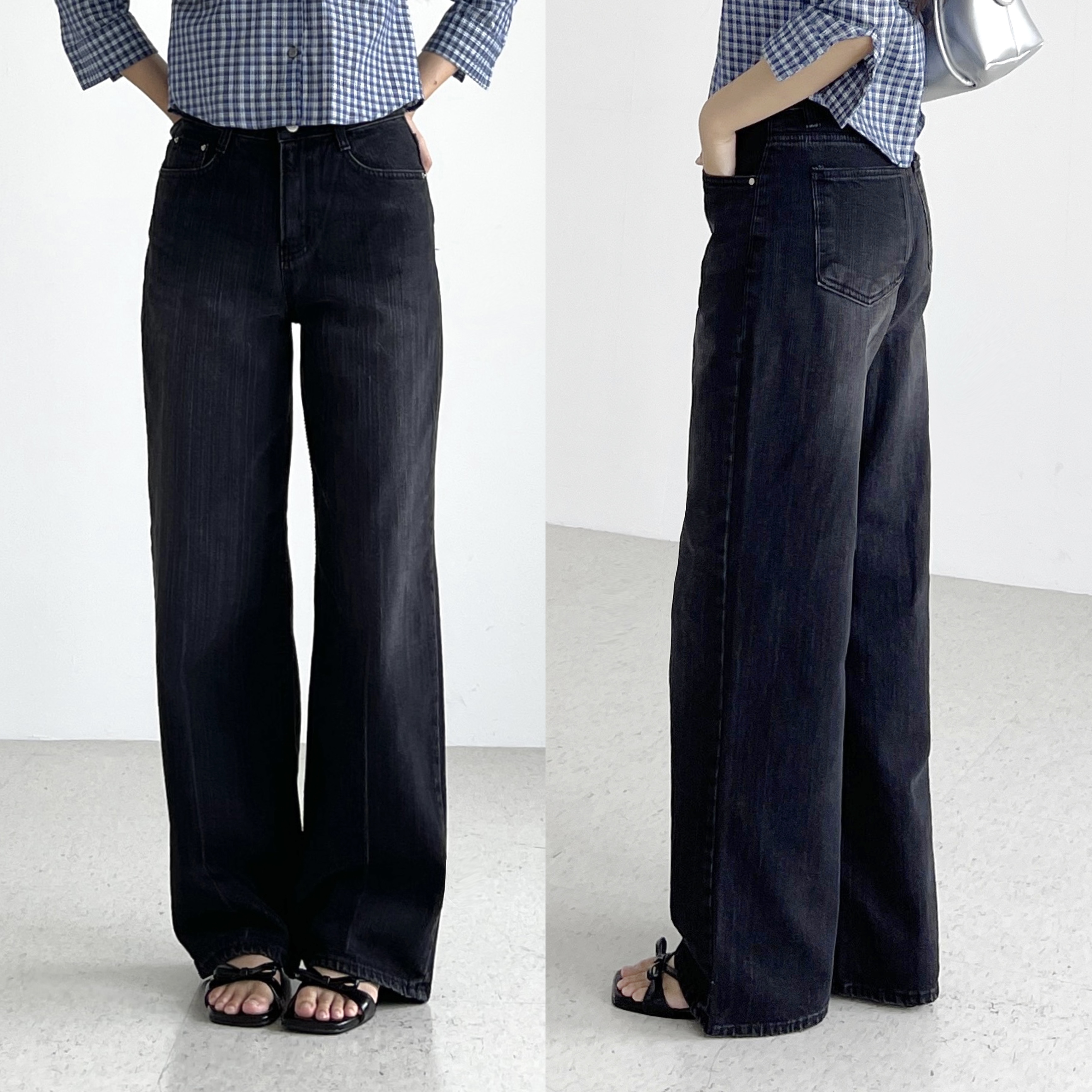 여성 블랙진 흑청 레직기팬츠 하이웨스트 스트레이트 일자핏 세미와이드 봄 가을 통 데님팬츠