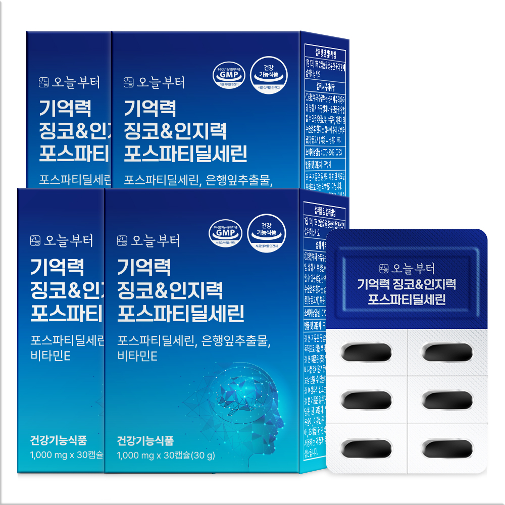 오늘부터 기억력 징코&인지력 포스파티딜세린 개선 두 뇌 건강 영양제 30캡슐, 4개 - 메인 이미지