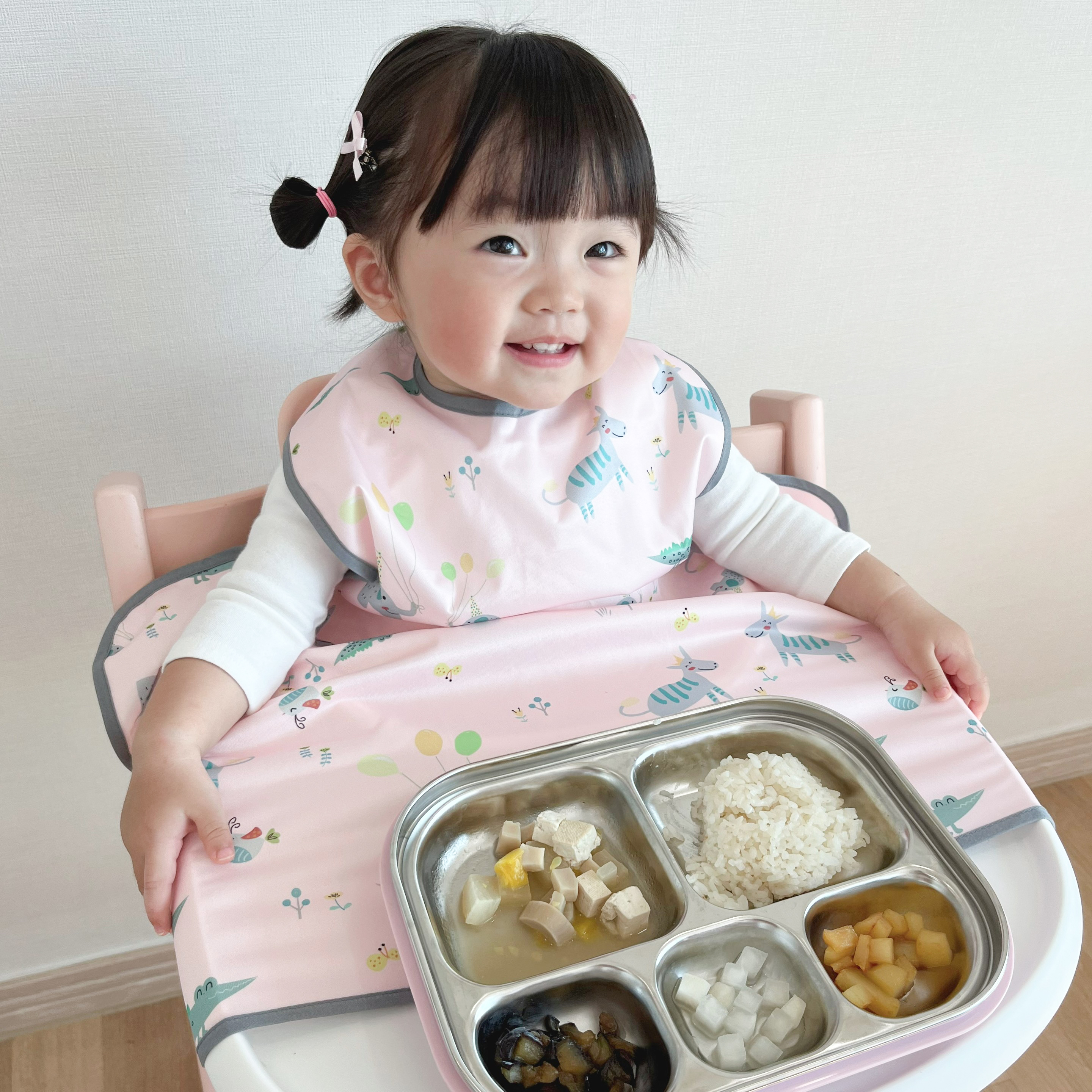 자기주도 턱받이 이유식 아기 식탁일체형 초기 방수 이유식가운 유아 여름 나시 부분커버 핑크 애니멀