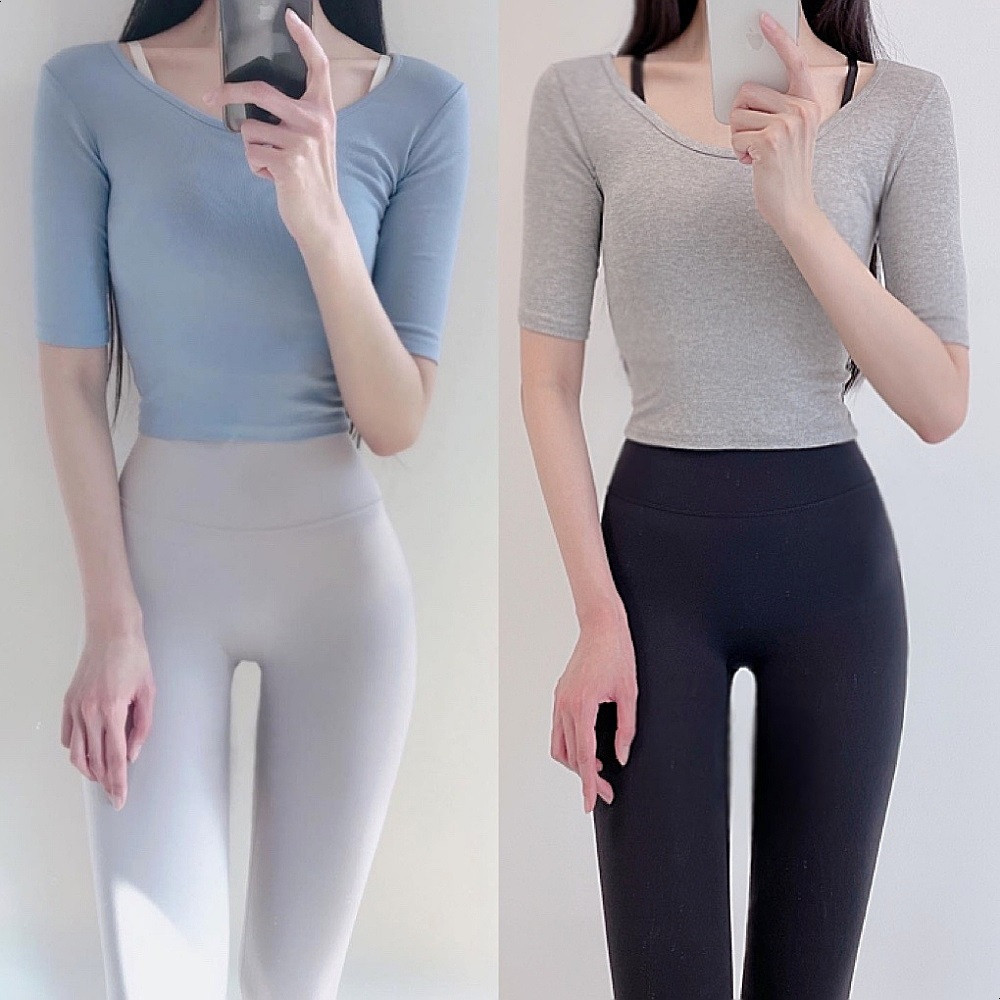 로라벨 베스트 필라테스복 요가복 여성 필라테스 요가 상의 티 운동복 유넥 크롭 5부 반팔 - 상품 이미지