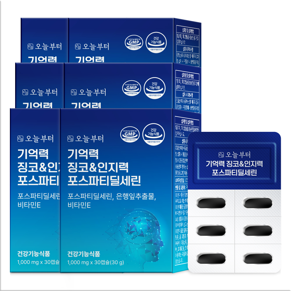 오늘부터 기억력 징코&인지력 포스파티딜세린 개선 두 뇌 건강 영양제 30캡슐, 6개 - 메인 이미지