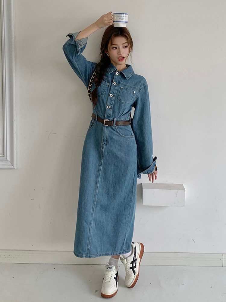 가을 데님 카라 롱원피스 뒷트임 - 상품 이미지