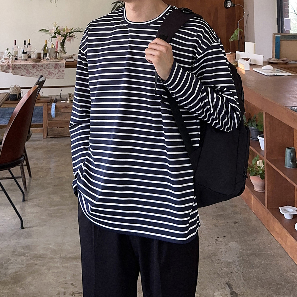 남자 긴팔티 오버핏 스트라이프 단가라 분또 티셔츠 - 상품 이미지