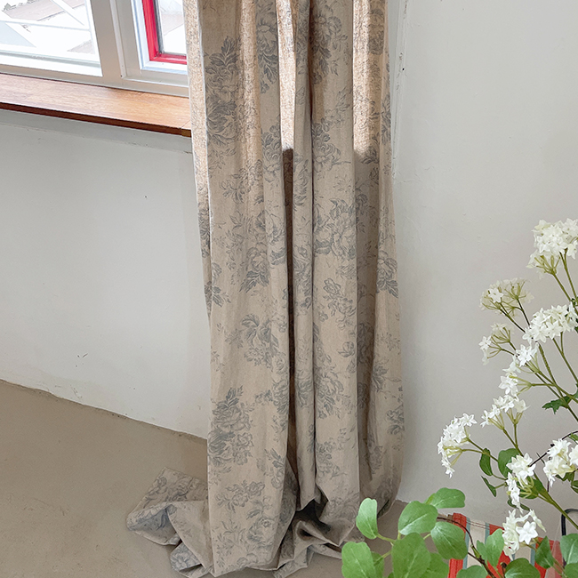 바이아미 아젤라 거실 꽃무늬 블루 빈티지 린넨 커튼