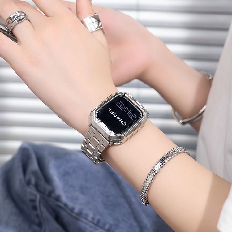 애플 워치 9세대 메탈 스트랩 스틸 프레임 케이스 스페이스 실버 밴드 도금 케이스 41mm 이미지 6