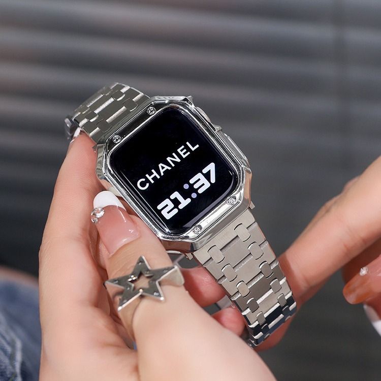 애플 워치 9세대 메탈 스트랩 스틸 프레임 케이스 스페이스 실버 밴드 도금 케이스 41mm - 상품 이미지