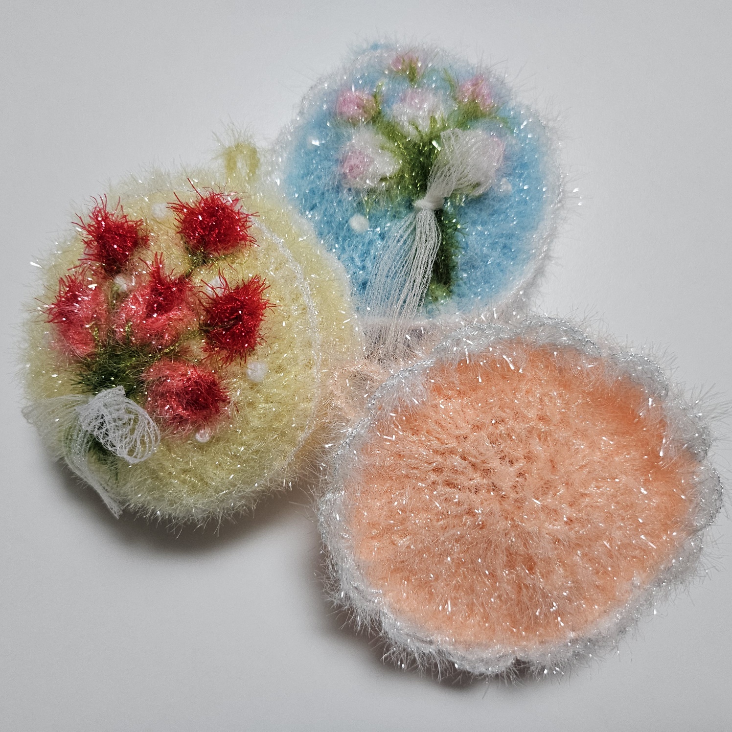 보석 장미 손뜨개 수세미 핸드메이드 뜨개 주방 설거지 - 상품 이미지