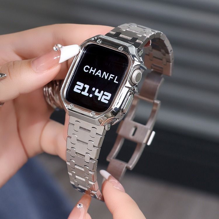 애플 워치 9세대 메탈 스트랩 스틸 프레임 케이스 스페이스 실버 밴드 도금 케이스 41mm - 상세 이미지 5