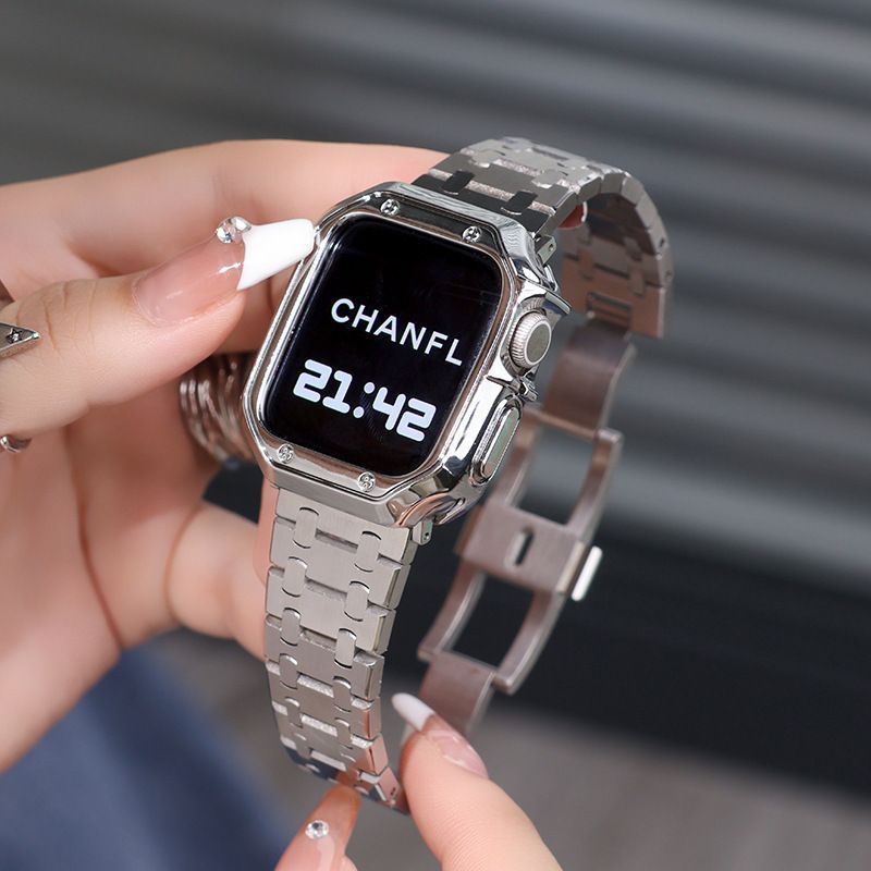애플 워치 9세대 메탈 스트랩 스틸 프레임 케이스 스페이스 실버 밴드 도금 케이스 41mm - 상세 이미지 2