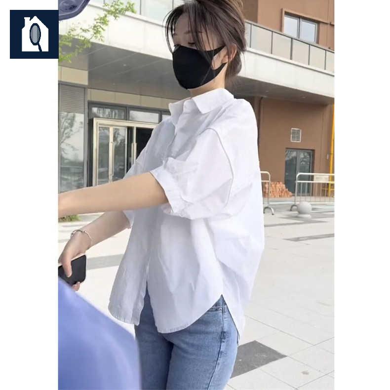 남방 박시한 롤업 여성린넨셔츠 블라우스 반팔 쉬폰 카라 루즈핏 - 상세 이미지 3