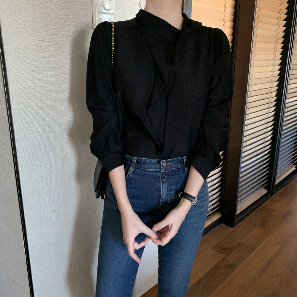 루즈픽 스카프 리본 타이 레이어드 여성 블라우스 벌룬 어깨 퍼프 블라우스 가을 블랙