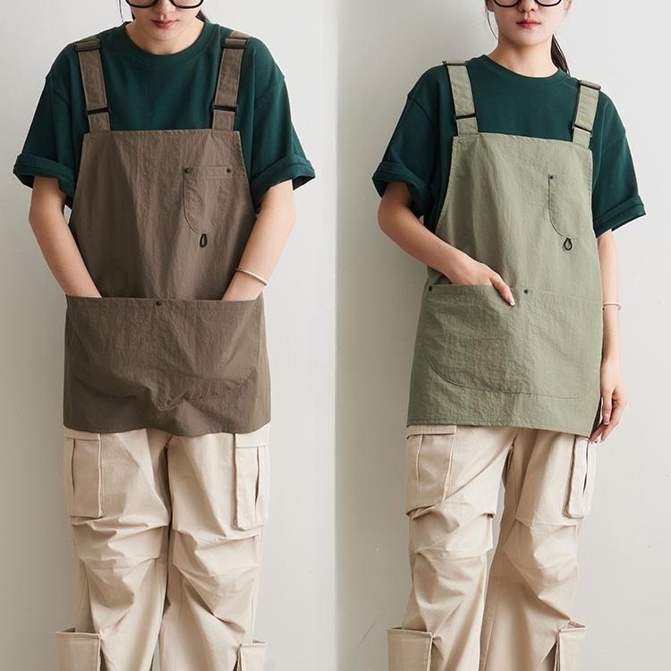 짧은 버클 앞치마 멜빵 길이조절 방수 나일론 힙한 작업복 카페 꽃집 미용 주방 그린 브라운 - 상품 이미지