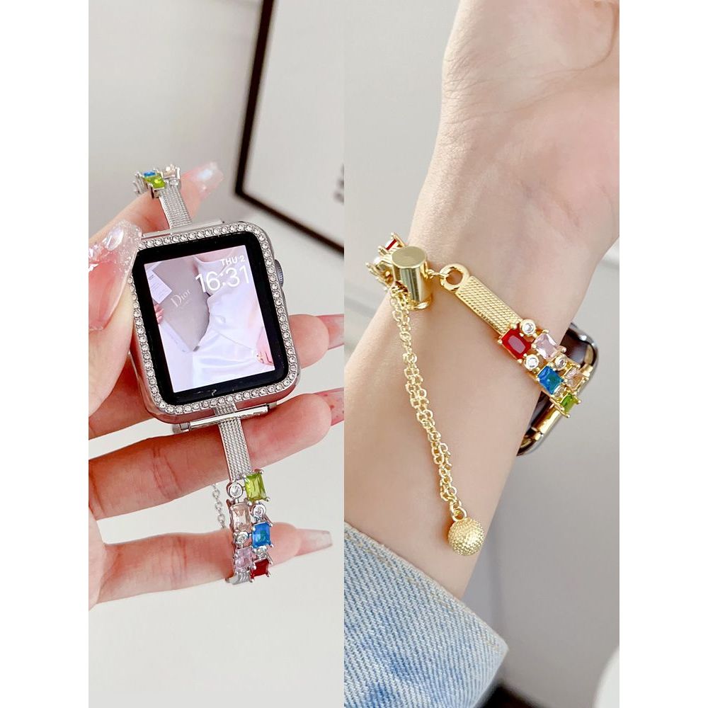 애플워치9 스트랩 다이아몬드 여성 팔찌 밴드 실버+실버 케이스 iwatch 9/8/7 41MM - 상품 이미지