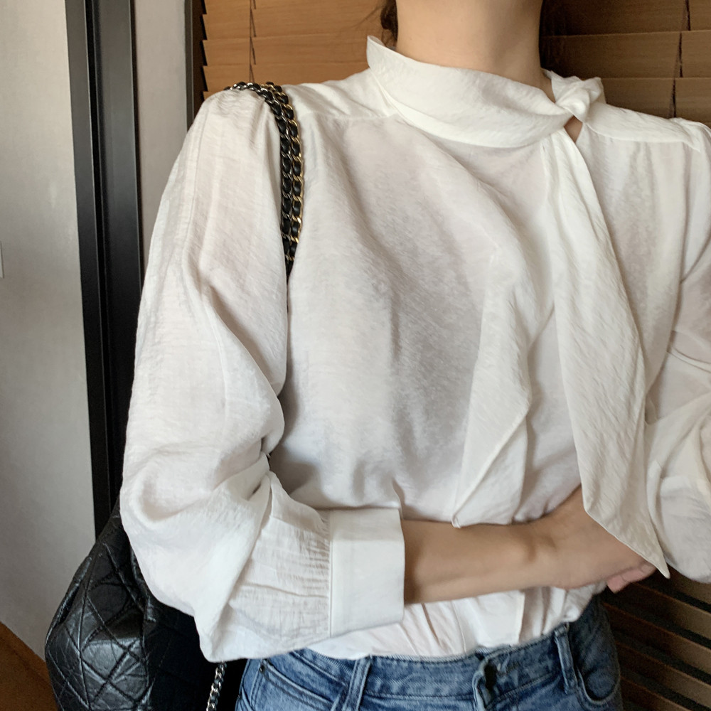 루즈픽 스카프 리본 타이 레이어드 여성 블라우스 벌룬 어깨 퍼프 블라우스 가을 블랙 이미지 3