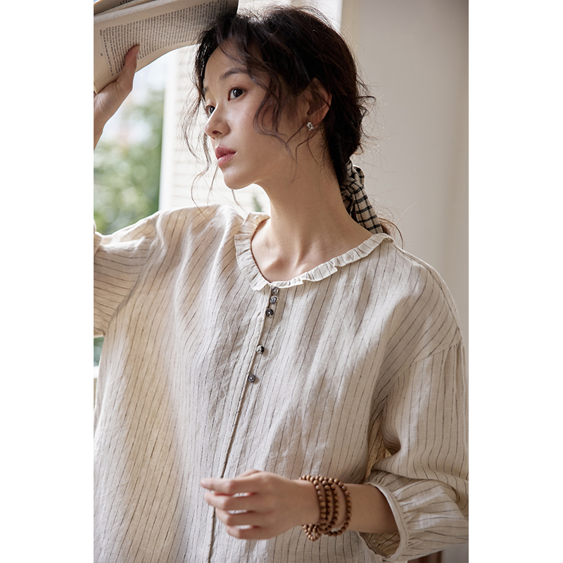 프릴린넨블라우스 스트라이프 7부소매 미시옷 - 상세 이미지 4