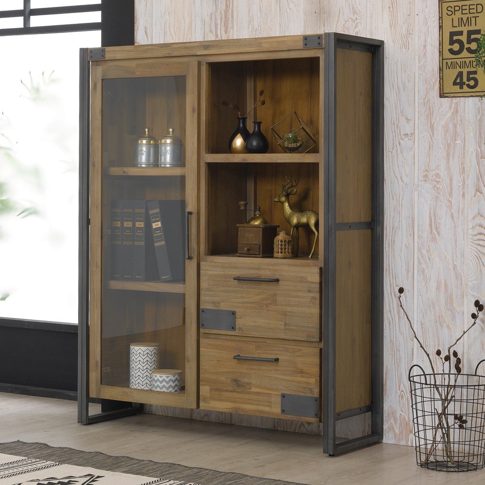 P348아카시아 원목 철제 유리문 3단1100 장식장