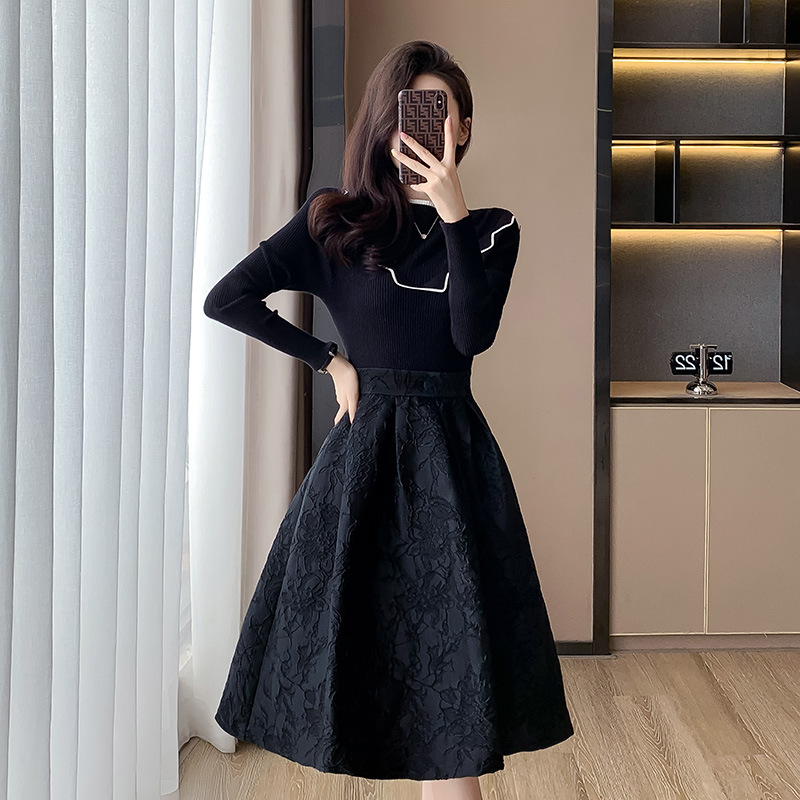 니트 자카드 미디길이 플레어원피스 하객 결혼식 오피스 데일리룩