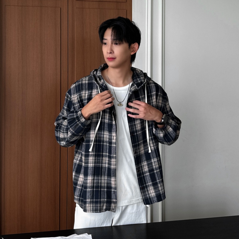 남자 프스 오버핏 봄 가을 간절기 체크 후드 셔츠 남방 - 상세 이미지 2