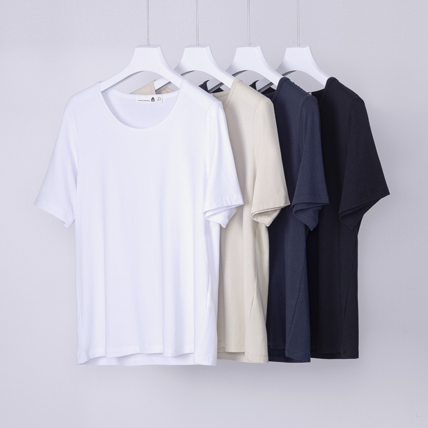 베이직하우스 2SET 여성 플로위 모달 스판 U넥 찰랑 릴렉스 반팔 티셔츠