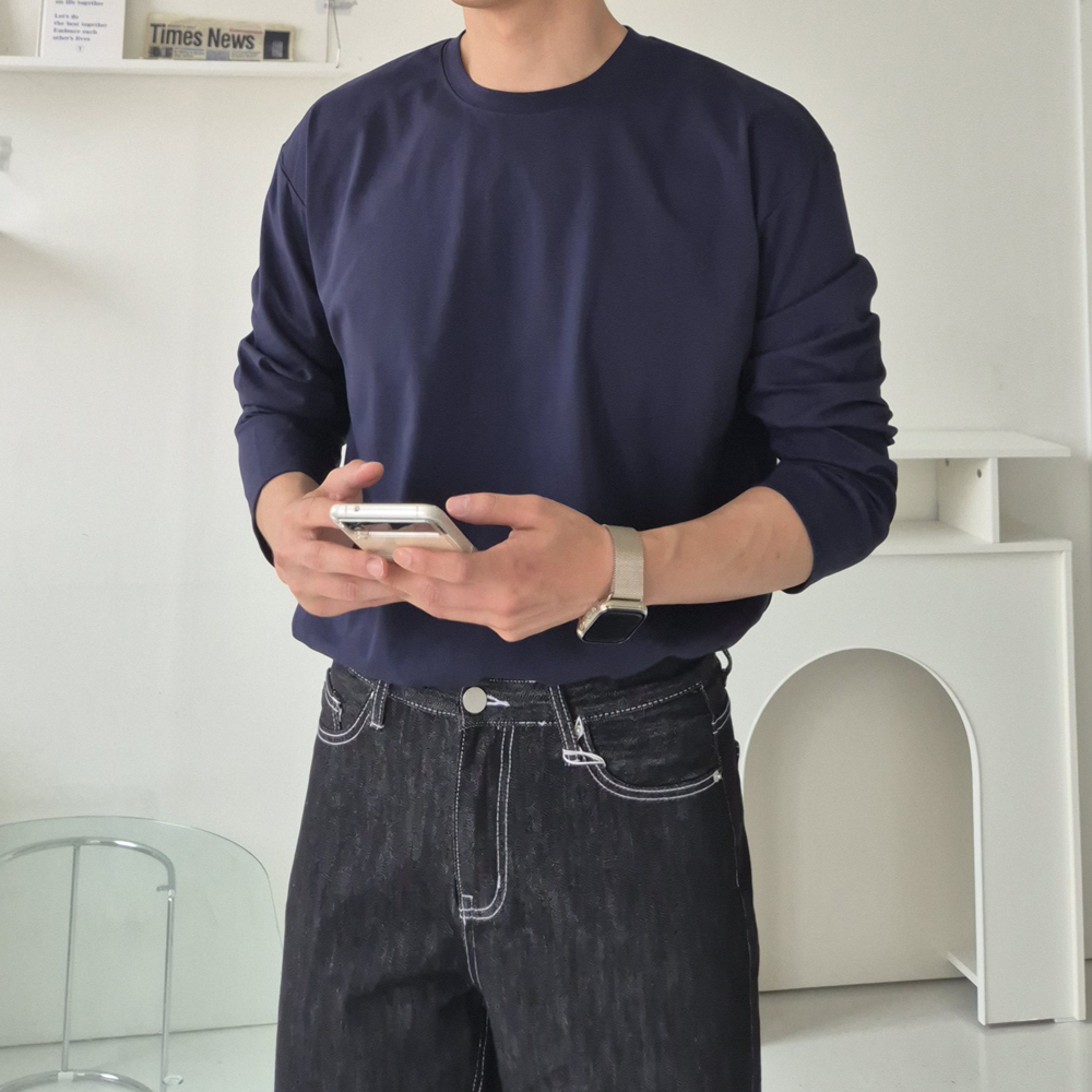 남자 긴팔티 오버핏 이너 흰색 분또 무지 티셔츠 - 상세 이미지 5