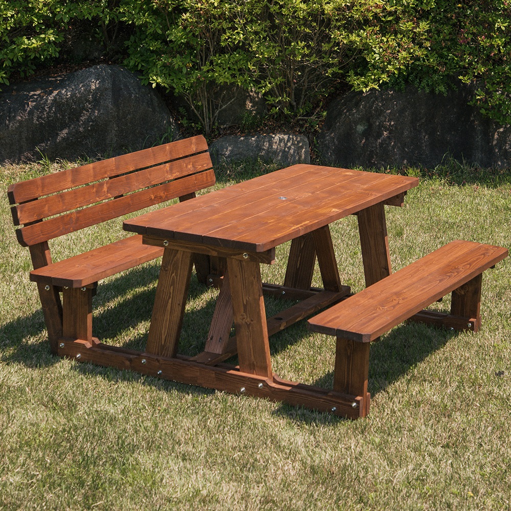 야외테이블 정원나무 의자세트 가든데크 개방형 한쪽등받이 4인월넛색