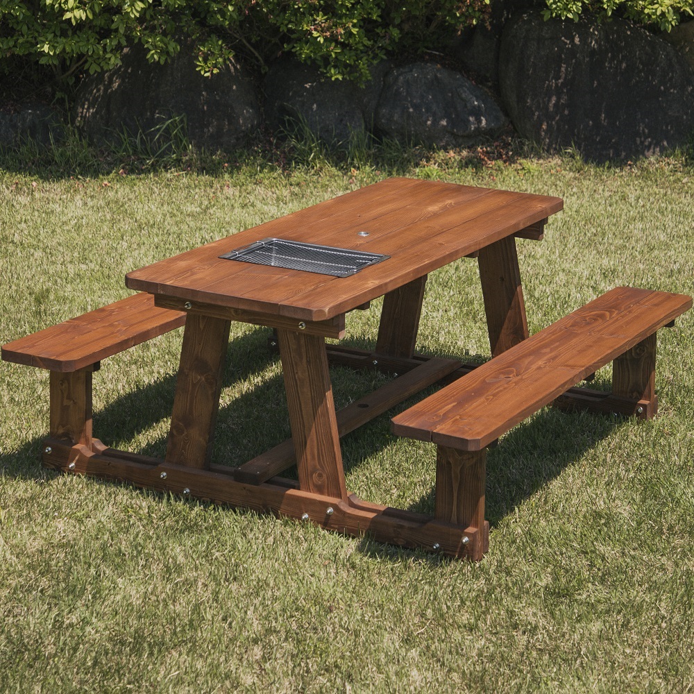 [바베큐형] 야외테이블 세트 파라솔 피크닉 정원 개방형 4인월넛색