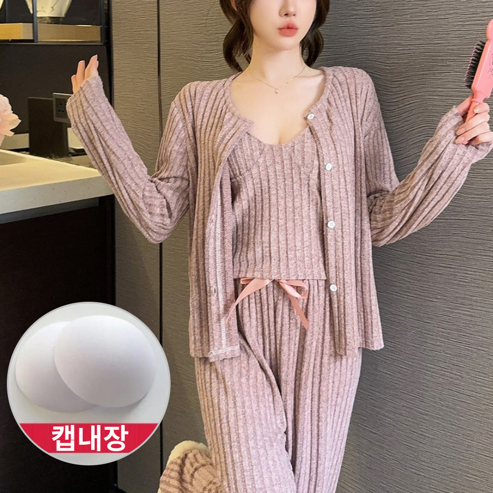 쓰리피스 캡내장잠옷 브라캡 3피스 수면 홈웨어 부드러운 겨울 파자마세트 집에서입는옷 - 상세 이미지 2