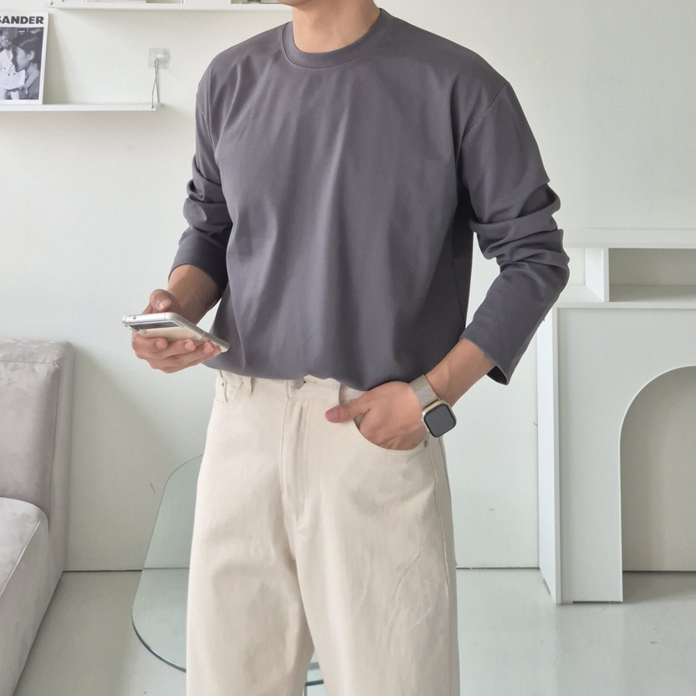 남자 긴팔티 오버핏 이너 흰색 분또 무지 티셔츠 - 상세 이미지 3