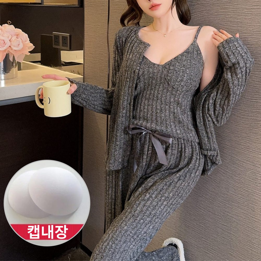 쓰리피스 캡내장잠옷 브라캡 3피스 수면 홈웨어 부드러운 겨울 파자마세트 집에서입는옷 - 상세 이미지 3