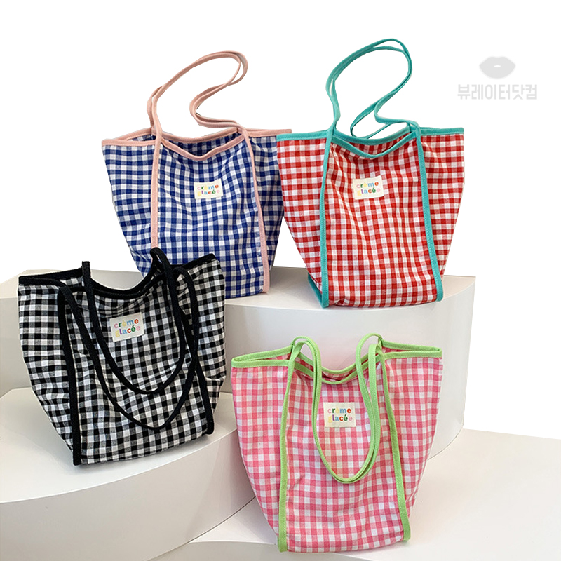 뷰레이터닷컴 크림체크 캔버스 에코백 나들이가방 데일리백