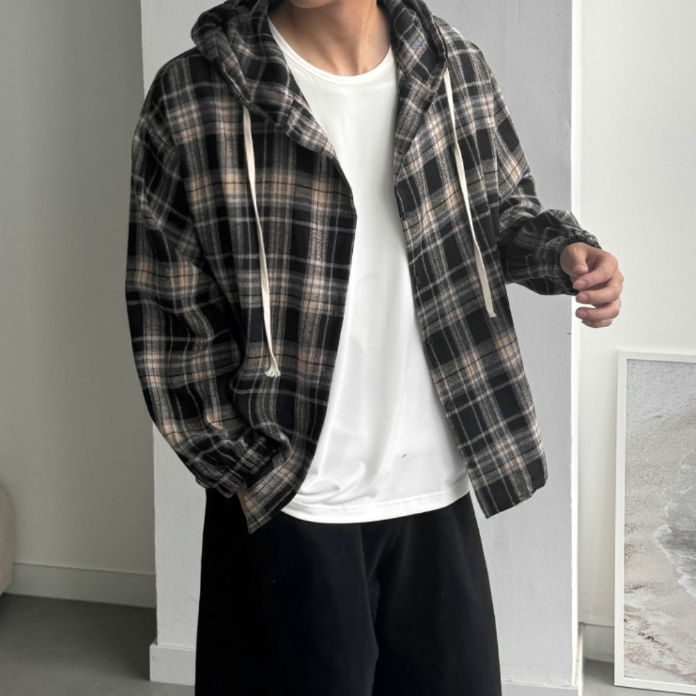 남자 프스 오버핏 봄 가을 간절기 체크 후드 셔츠 남방