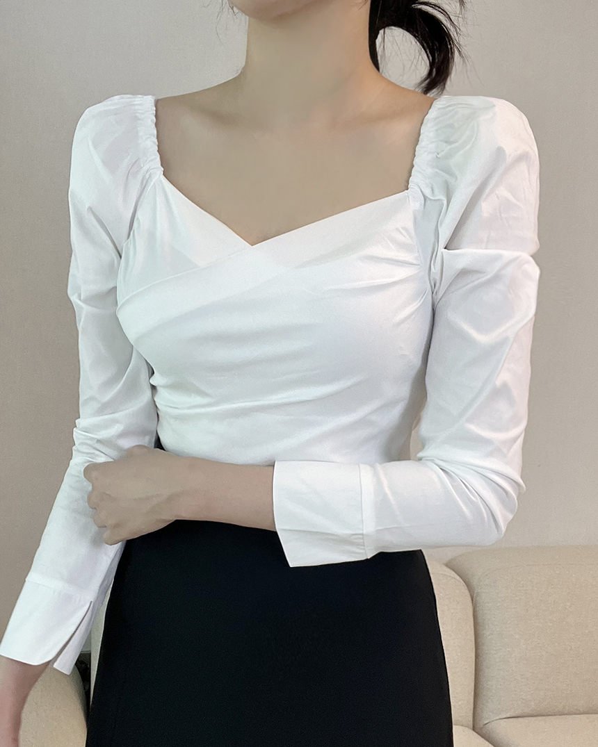 브이넥 긴팔 랩블라우스 퍼프소매블라우스 프릴 러플 봄 가을 하객룩 데이트룩 오피스 - 상세 이미지 2