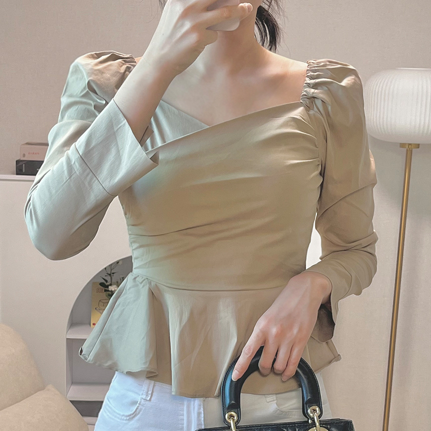브이넥 긴팔 랩블라우스 퍼프소매블라우스 프릴 러플 봄 가을 하객룩 데이트룩 오피스 - 메인 이미지